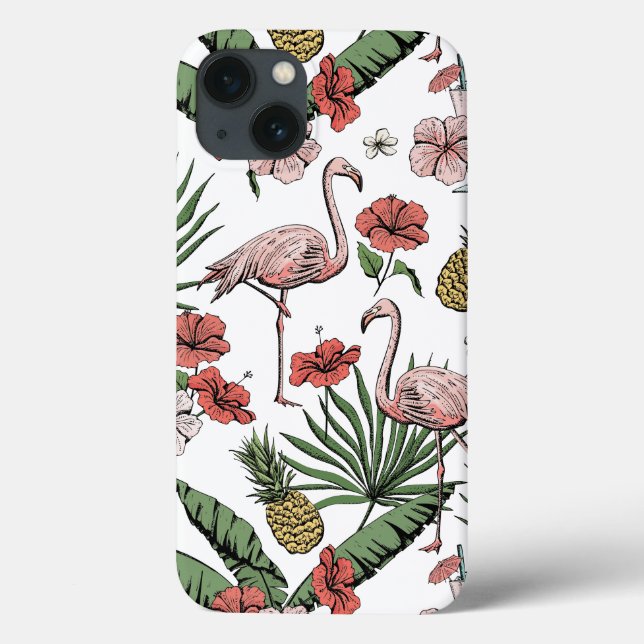 Coques Case-Mate iPhone Motif flamant hawaïen dessiné à la main blanc (Verso)