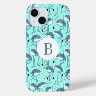 Coque Case-Mate iPhone Motif flamants roses bleu monogramme moderne