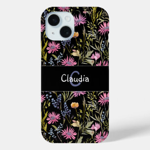 Coque Case-Mate iPhone Motif fleur de boho rose noir monogrammé