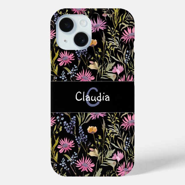 Coques Case-Mate iPhone Motif fleur de boho rose noir monogrammé (Verso)