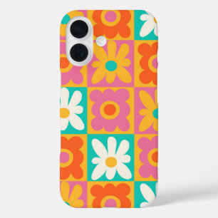 Coque Pour iPhone 16 Motif floral à carreaux groovy rétro des années 70