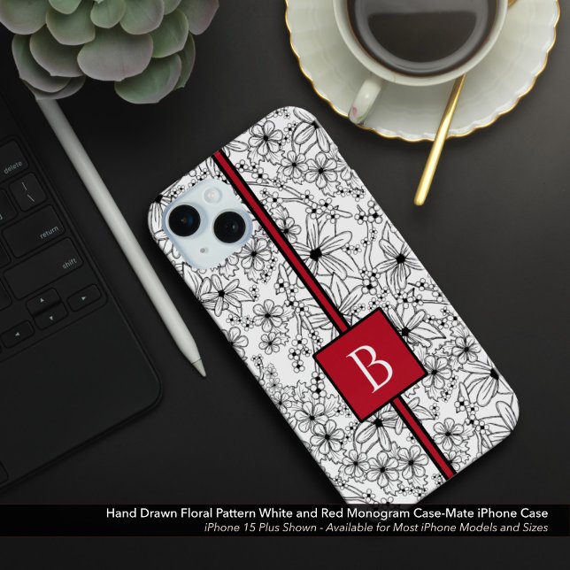 Coques Case-Mate iPhone Motif floral blanc dessiné à la main et Monogramme (Hand Drawn Floral Pattern: White Flowers with Red Monogram Case-Mate iPhone Case)