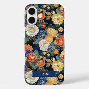 Coque Pour iPhone 16 Plus Motif floral bleu japonais monogrammé