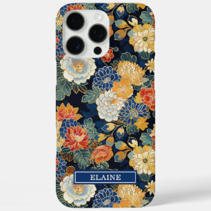 Coque iPhone 16 Pro Max Motif floral bleu japonais monogrammé
