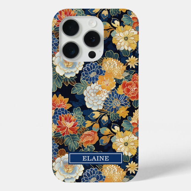 Coques Case-Mate iPhone Motif floral bleu japonais monogrammé (Verso)