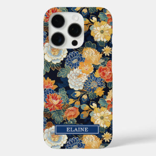 Coque iPhone 16 Pro Motif floral bleu japonais monogrammé