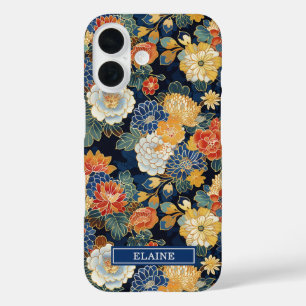 Coque Pour iPhone 16 Motif floral bleu japonais monogrammé
