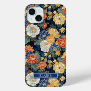 Coque Case-Mate iPhone Motif floral bleu japonais monogrammé