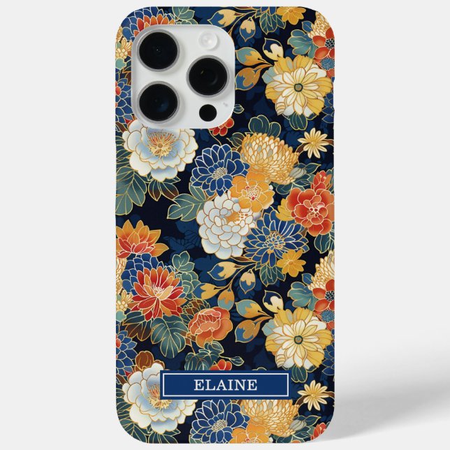 Coques Case-Mate iPhone Motif floral bleu japonais monogrammé (Verso)