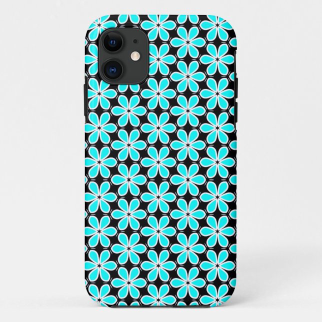 Coques Case-Mate iPhone Motif floral bleu turquoise et noir (Dos)