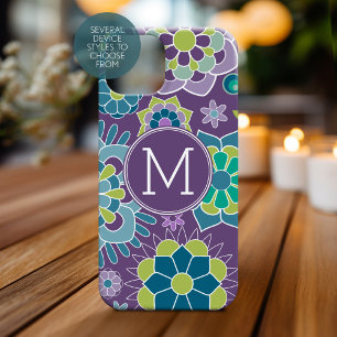 Coque Pour iPhone 15 Motif Floral bleu violet Monogramme personnalisé
