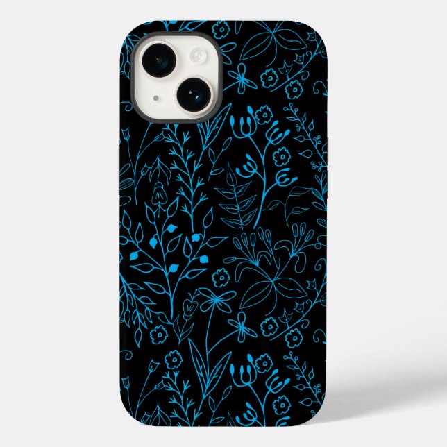 Coques Case-Mate iPhone Motif floral classique mono ton bleu.A07 Black BG (Verso)
