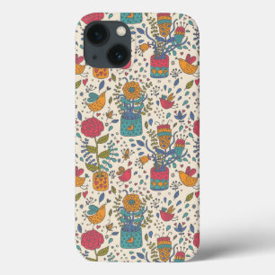 Etui iPhone 13 Motif floral de bande dessinée avec les oiseaux 2