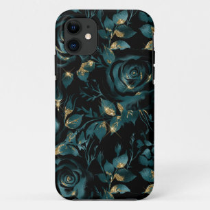 Case-Mate iPhone Case Motif floral de rose sarcelle et or élégant