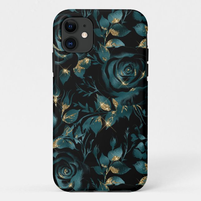 Coques Case-Mate iPhone Motif floral de rose sarcelle et or élégant (Dos)