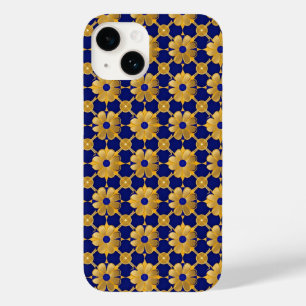Coque Case-Mate iPhone Motif floral doré luxueux, bleu royal élégant