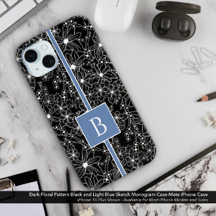 Coque Case-Mate iPhone Motif floral foncé noir bleu croquis Monogramme