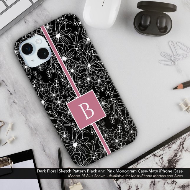 Coques Case-Mate iPhone Motif floral foncé noir rose croquis Monogramme (Dark Floral Sketch Look Pattern. Black Flowers with Pink Monogram Case-Mate iPhone Case)