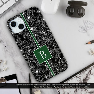 Coque Case-Mate iPhone Motif floral foncé noir vert croquis Monogramme