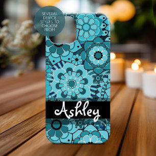 Coque Pour iPhone 15 Motif floral Funky Blue Retro avec nom