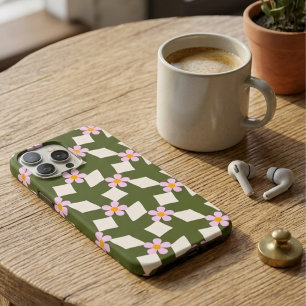 Coque iPhone 16 Pro Max Motif floral géométrique vert sauge rétro des anné