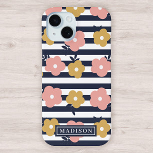 Coque Case-Mate iPhone Motif floral jaune rose sur bandes bleu marine