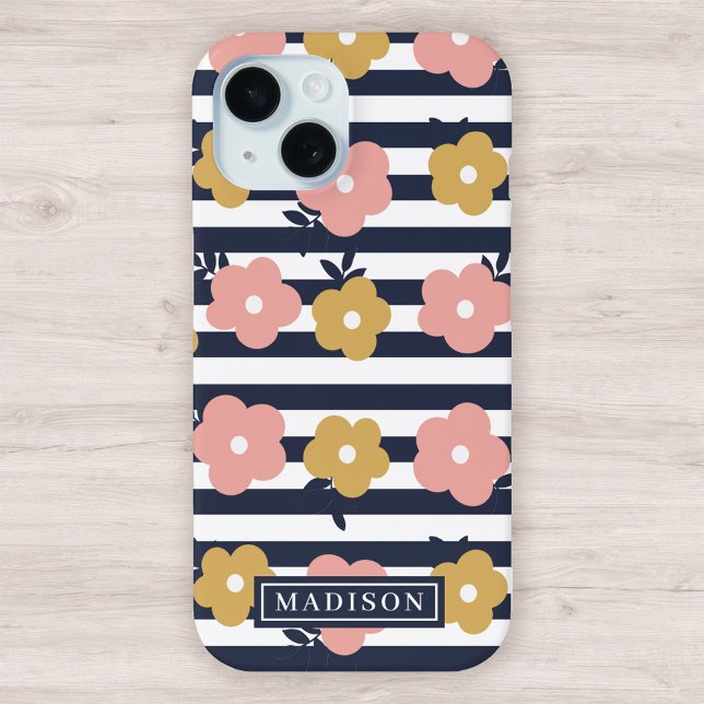 Coques Case-Mate iPhone Motif floral jaune rose sur bandes bleu marine (Créateur téléchargé)
