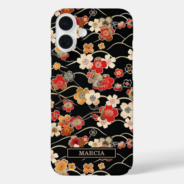 Coques Case-Mate iPhone Motif floral noir japonais monogrammé (Verso)