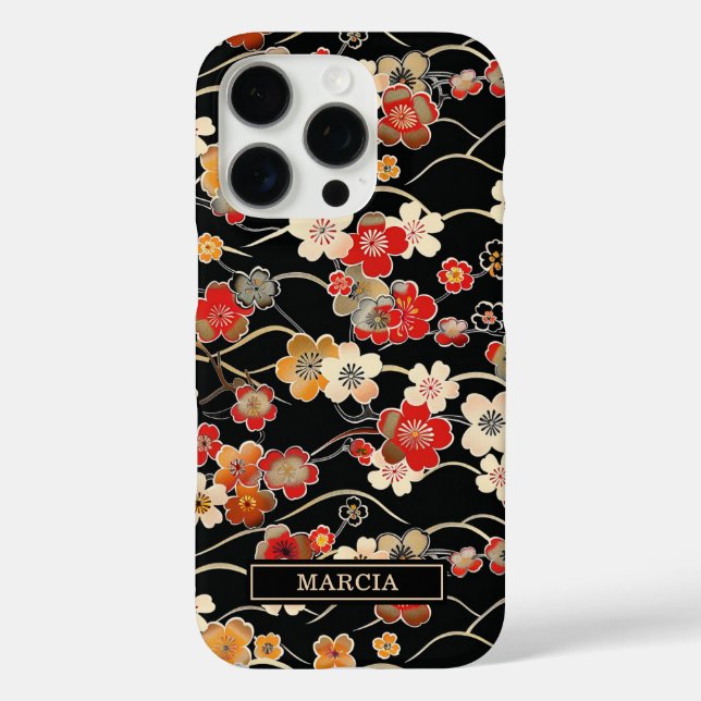 Coques Case-Mate iPhone Motif floral noir japonais monogrammé (Verso)