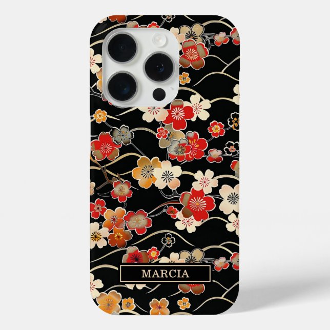 Coques Case-Mate iPhone Motif floral noir japonais monogrammé (Verso)
