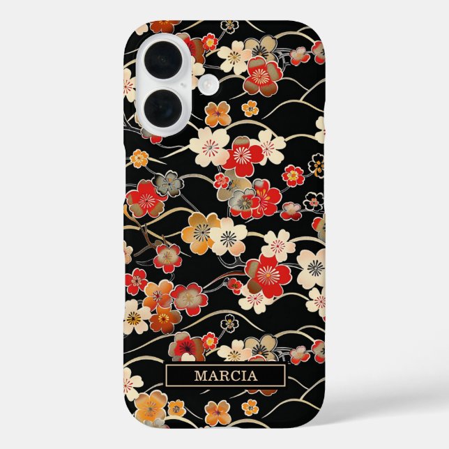 Coques Case-Mate iPhone Motif floral noir japonais monogrammé (Verso)