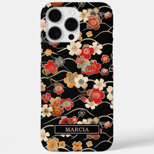Coque iPhone 16 Pro Max Motif floral noir japonais monogrammé