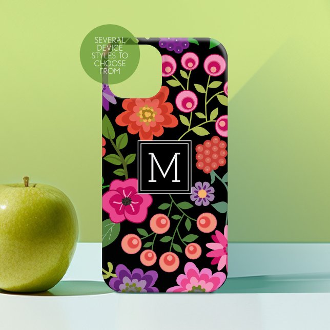 Coques Case-Mate iPhone Motif floral noir tendance avec Monogramme personn (Personalized Phone Case with Custom Text - Choose a Device Style)