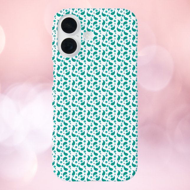 Coques Case-Mate iPhone Motif floral paisley bleu sarcelle sans couture (A phone case with a blue and green paisley flower pattern.)