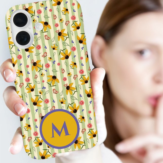 Coques Case-Mate iPhone Motif floral papillon à cônes monogramme (Monogram Coneflower Butterfly Floral Patterned Case-Mate iPhone Case)