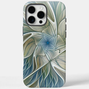 Coque iPhone 16 Pro Max Motif floral rêve abstrait bleu kaki fractal