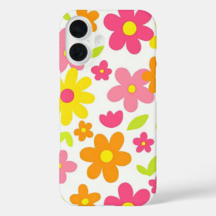 Coque Pour iPhone 16 Motif floral rose et jaune rétro d'été lumineux