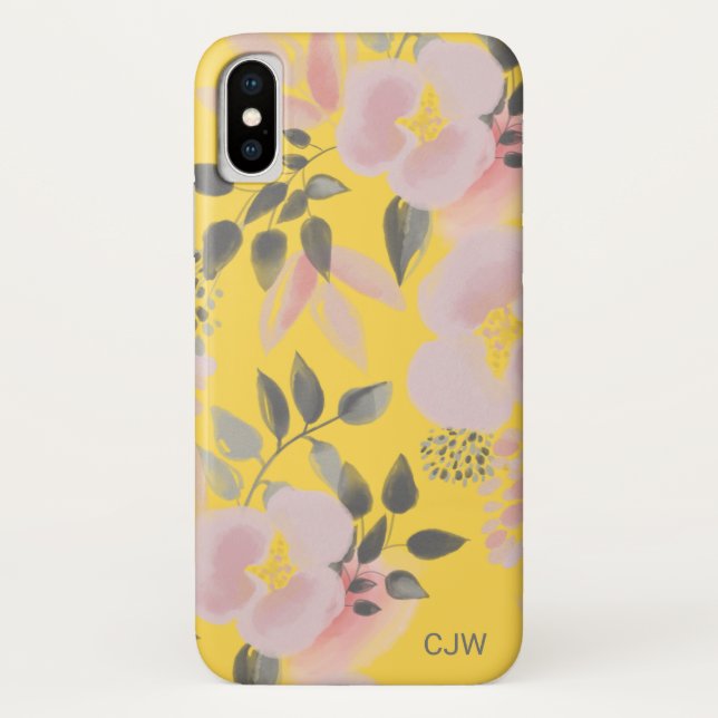 Coques Case-Mate iPhone Motif floral rose jaune tendance avec Monogramme (Dos)