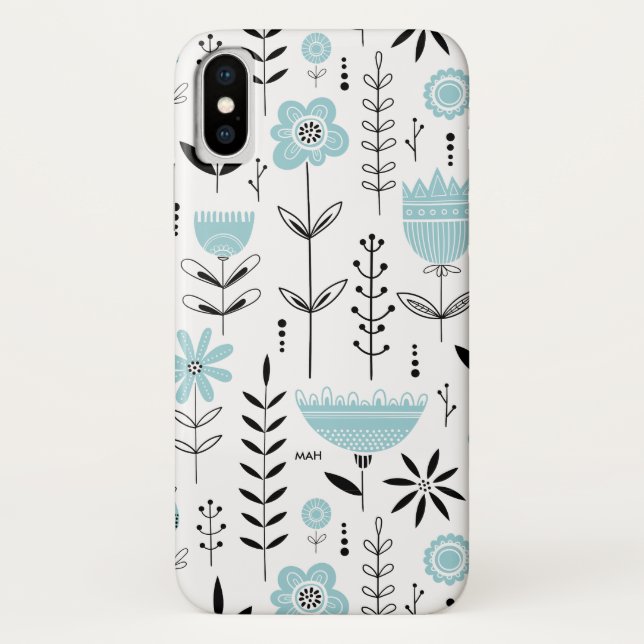 Coques Case-Mate iPhone Motif floral scandinave bleu Monogramme (Dos)