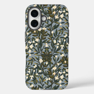 Coque Pour iPhone 16 Motif floral sur fond bleu-gris poussiéreux