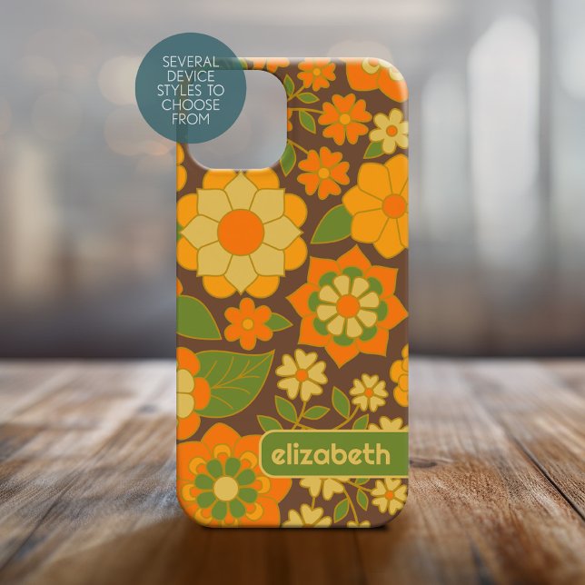 Coques Case-Mate iPhone Motif floral tendance rétro avec bloc de nom (Personalized Phone Cover - Funky Floral Pattern)