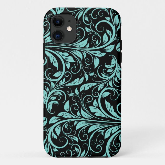 Coques Case-Mate iPhone Motif floral turquoise élégant de damassé bleue et (Dos)