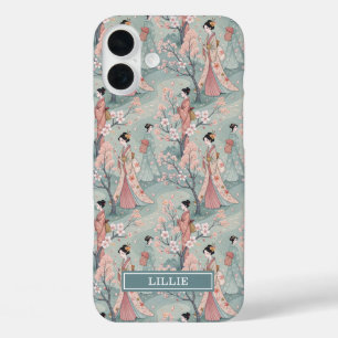 Coque Pour iPhone 16 Plus Motif Geisha Sakura Japonais Monogrammé