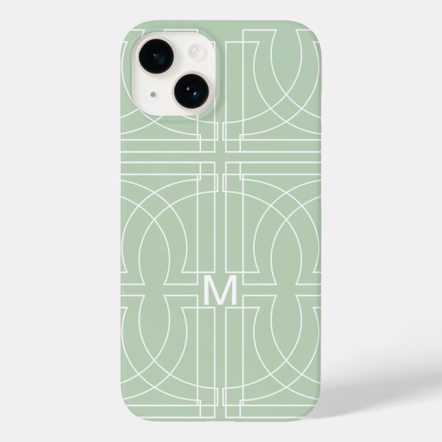 Coques Case-Mate iPhone Motif géométrique moderne vert sauge monogrammé (Verso)