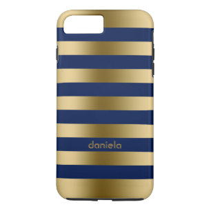 Coque iPhone 7 Plus Motif géométrique Monogramme Gold & Blue Stripes