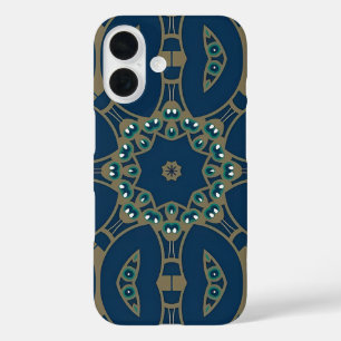 Coque Pour iPhone 16 Motif géométrique octogonal bleu marine et or