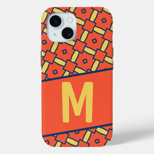 Coques Case-Mate iPhone Motif géométrique orange monogramme jaune (Verso)