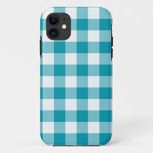 Coque iPhone 11 Motif Gingham à carreaux sarcelle et blanc