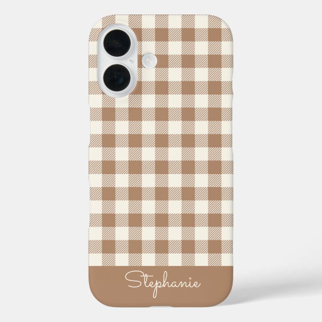 Coques Case-Mate iPhone Motif Gingham Carreaux Marron à votre nom (Verso)