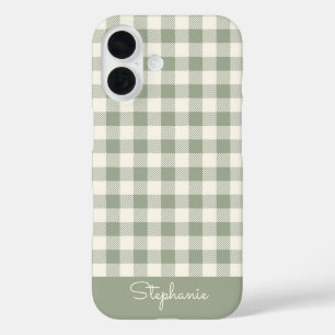 Coque Pour iPhone 16 Motif Gingham Carreaux Vichy Sage Nom